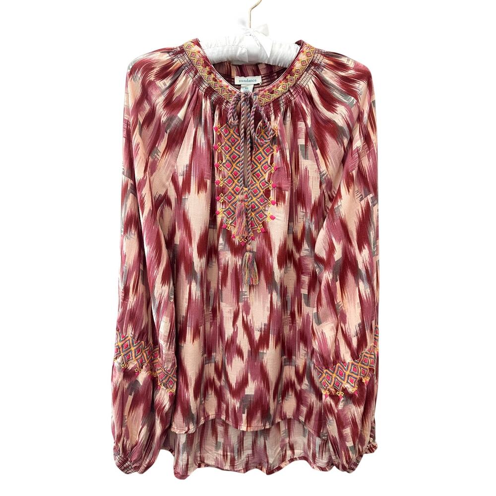SUNDANCE Ikat Embroidered Boho Peasant Blouse Tassel Tie XS Western Festival